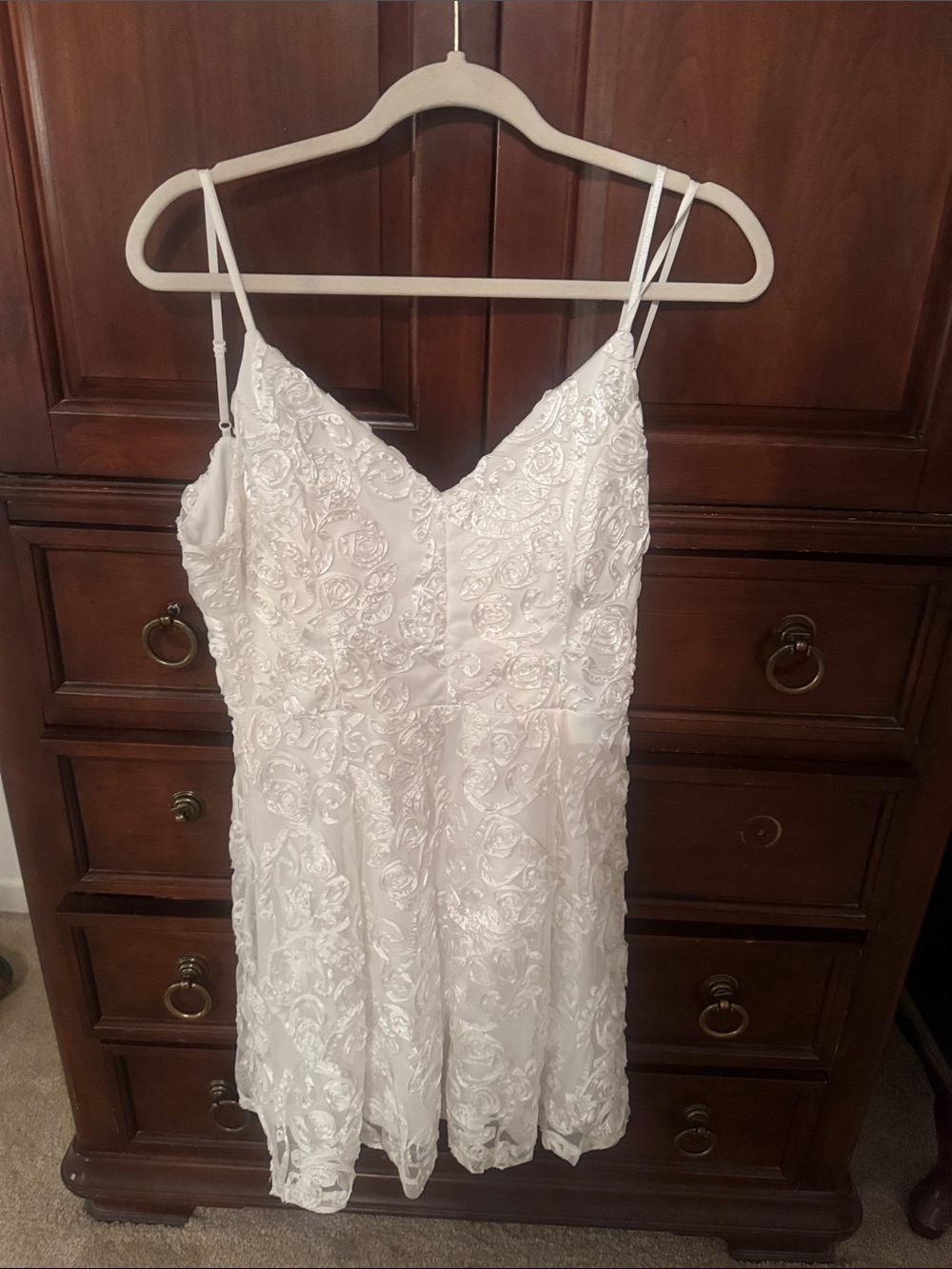 Emerald Sundae White Lace Spaghetti Strap Mini Dress